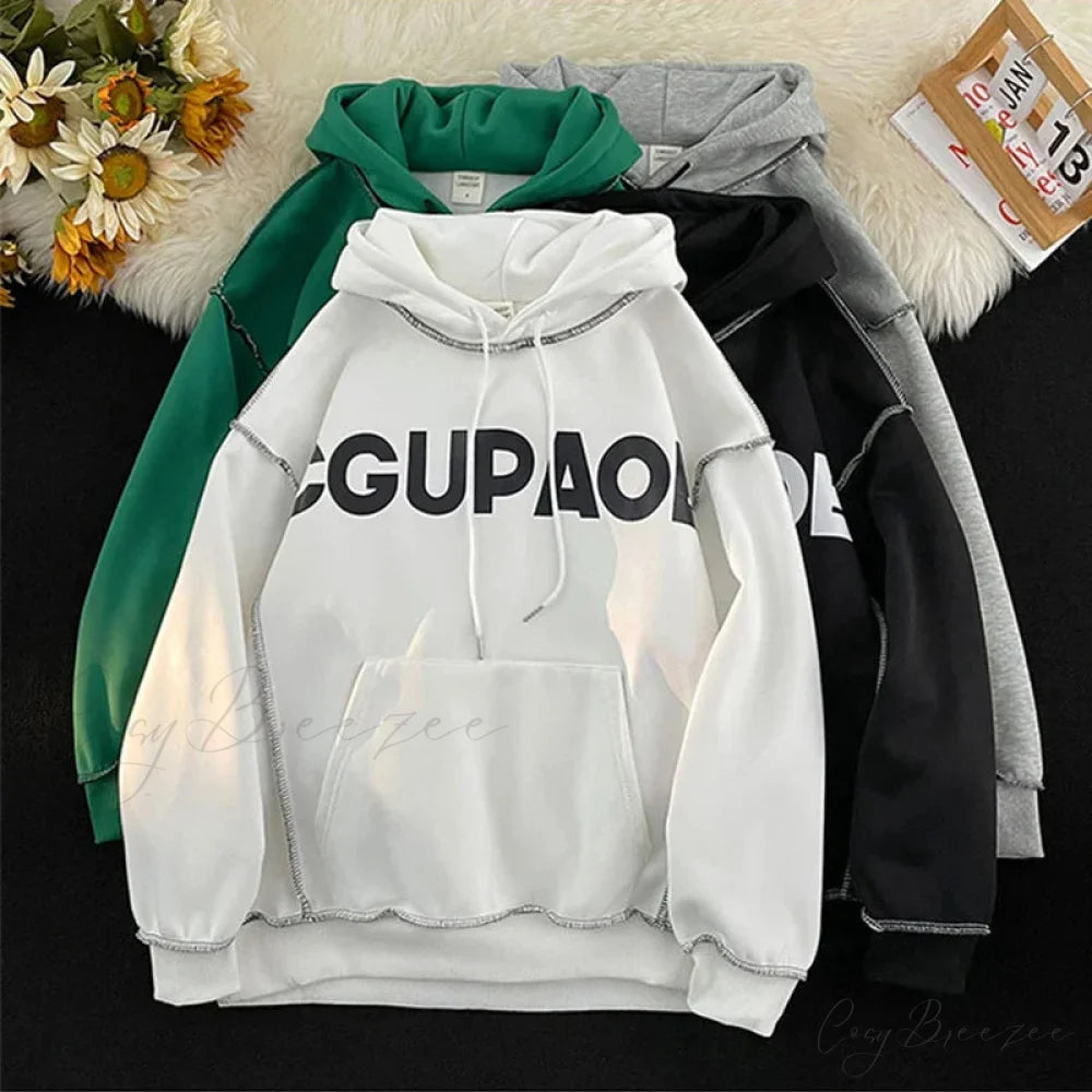 Autumn Letter Print Loose Fleece Hoodie hoodies-241228