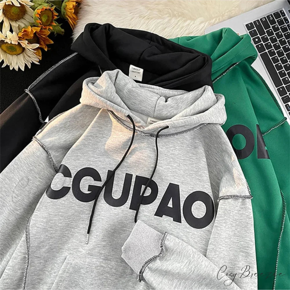 Autumn Letter Print Loose Fleece Hoodie hoodies-241228