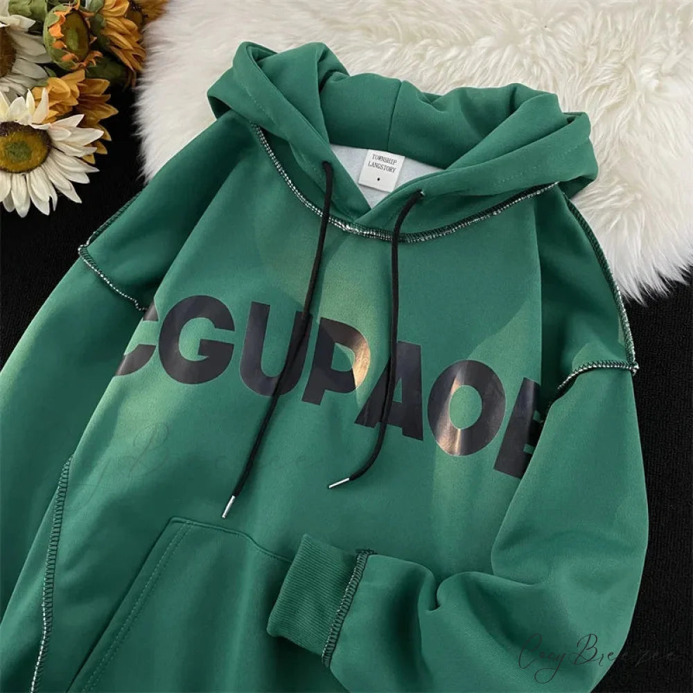 Autumn Letter Print Loose Fleece Hoodie hoodies-241228