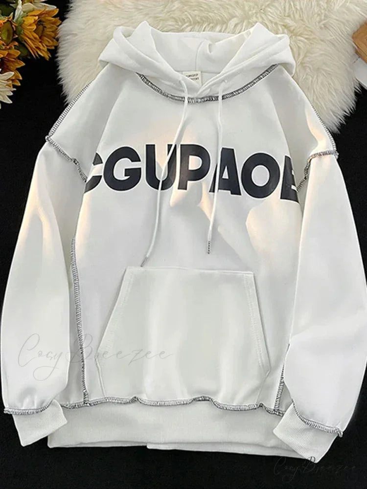 Autumn Letter Print Loose Fleece Hoodie WHITE / M(40-50KG) hoodies-241228