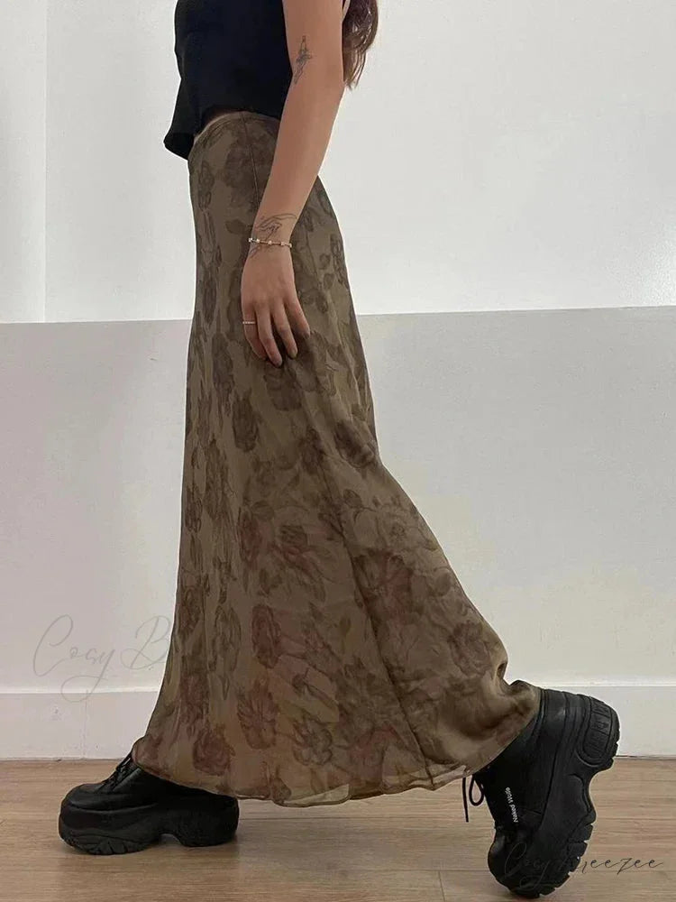 Autumn Long Skirt Vintage Floral Print Low Rise Skirt skirt-250126
