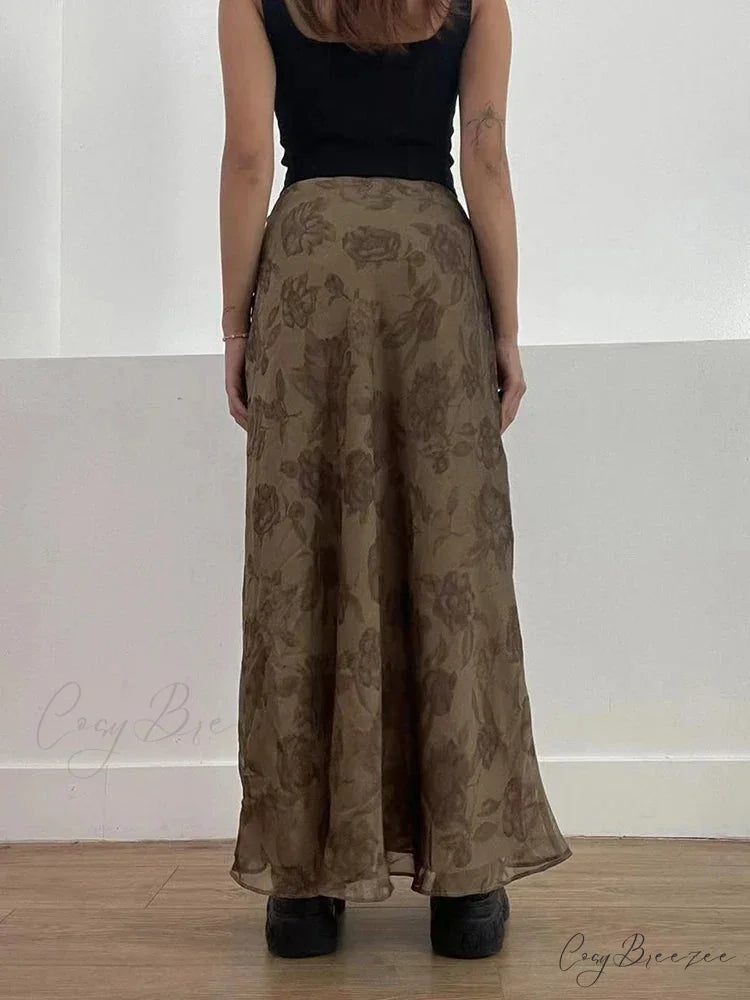 Autumn Long Skirt Vintage Floral Print Low Rise Skirt skirt-250126