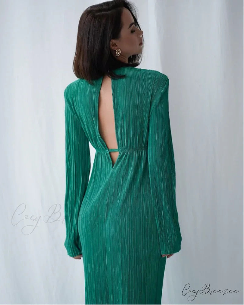 Autumn Party Dress for Women - Slim Fit with Pleated Detail and Long Sleeves L / BLACK