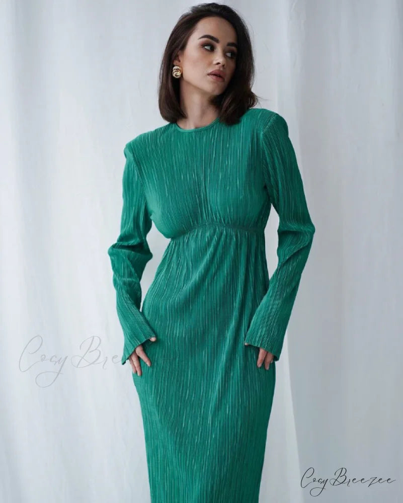 Autumn Party Dress for Women - Slim Fit with Pleated Detail and Long Sleeves M / BLACK