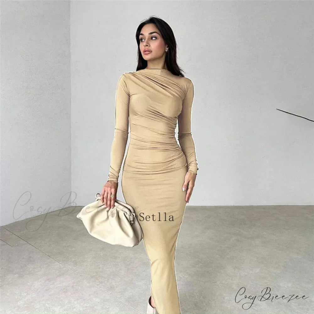 Autumn Ruched Long Slinky Sexy Birthday Robes Midi Dress