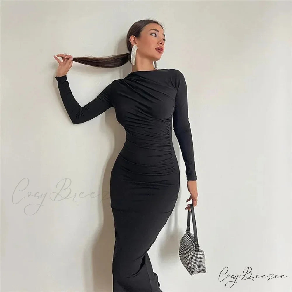 Autumn Ruched Long Slinky Sexy Birthday Robes Midi Dress Black / S