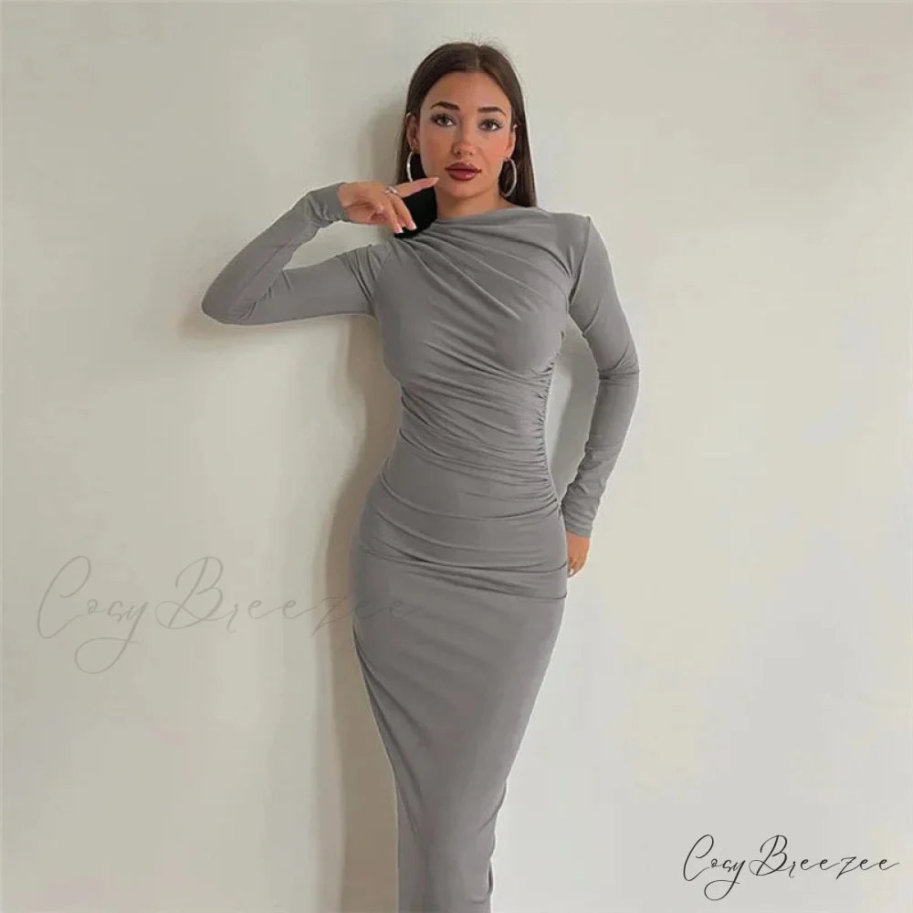 Autumn Ruched Long Slinky Sexy Birthday Robes Midi Dress light grey / S