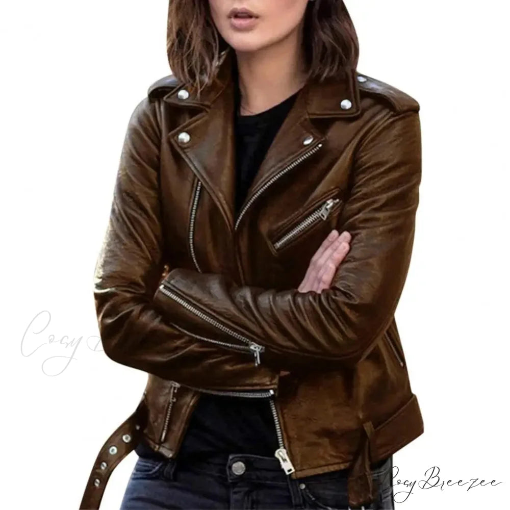 Autumn Short Solid Biker Thin Cool Faux Leather Jacket Brown / M