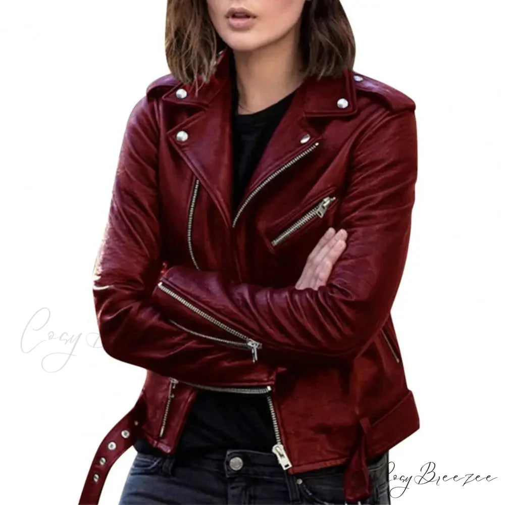 Autumn Short Solid Biker Thin Cool Faux Leather Jacket Red / M