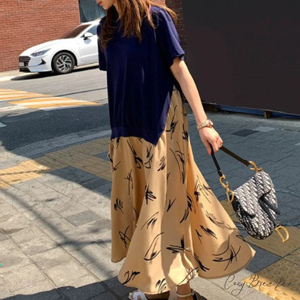 Autumn Size Gown Two Fake Gown Design Patchwork Piece T-Shirt Long Robe Arm Plus Women XL-5XL D08108R Navy Yellow C