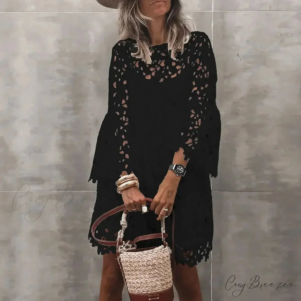 Autumn Solid Color Lace Hollow Floral Casual Dress Black / S oldfloraldress-250126