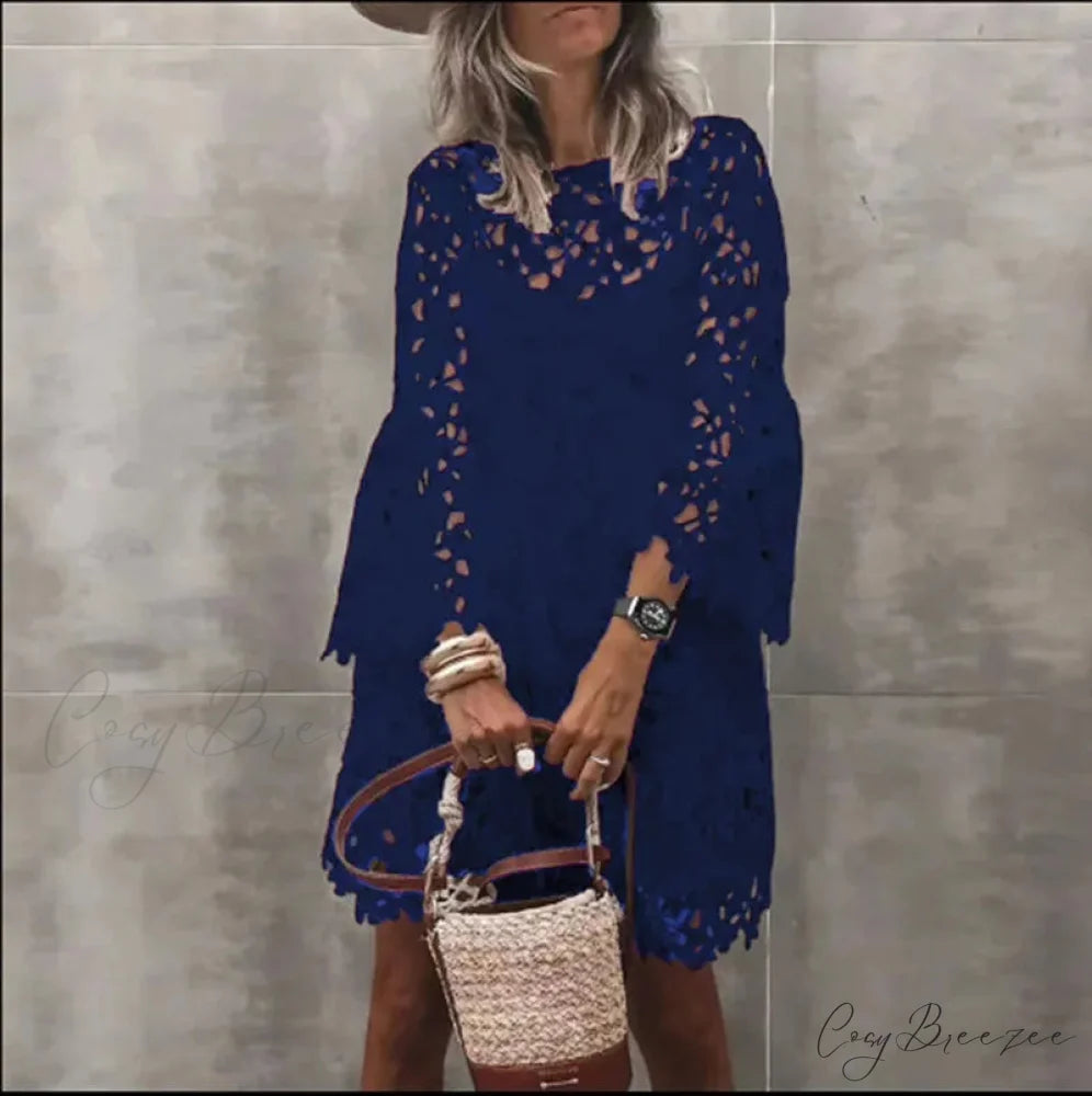 Autumn Solid Color Lace Hollow Floral Casual Dress Navy blue / S oldfloraldress-250126