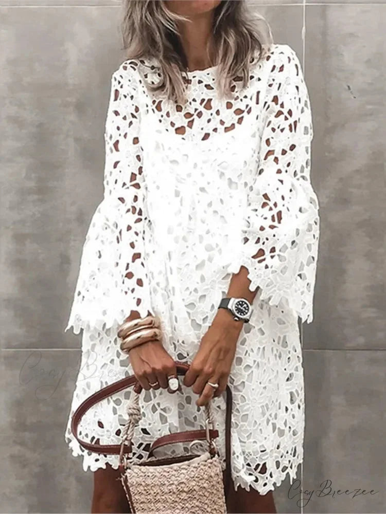 Autumn Solid Color Lace Hollow Floral Casual Dress oldfloraldress-250126