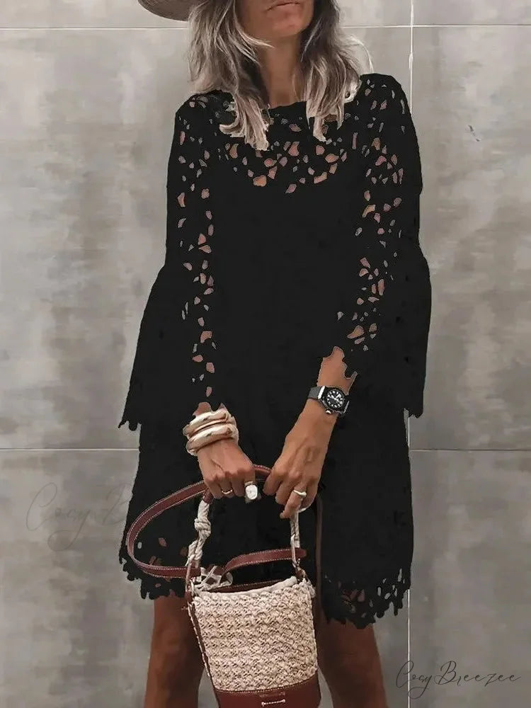 Autumn Solid Color Lace Hollow Floral Casual Dress oldfloraldress-250126