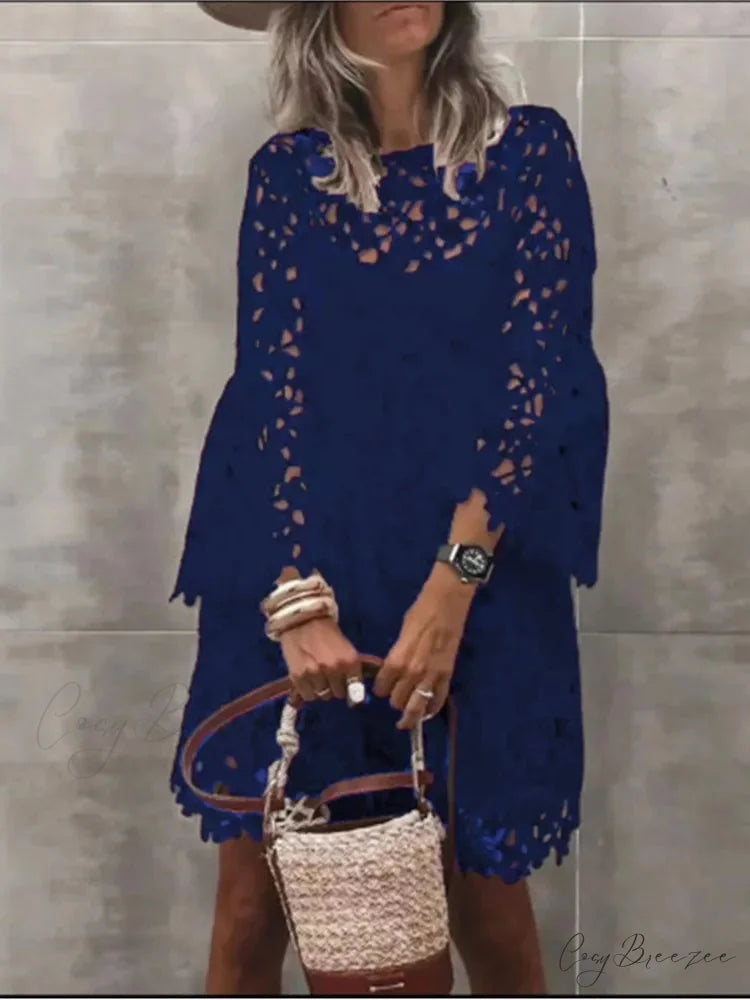 Autumn Solid Color Lace Hollow Floral Casual Dress oldfloraldress-250126