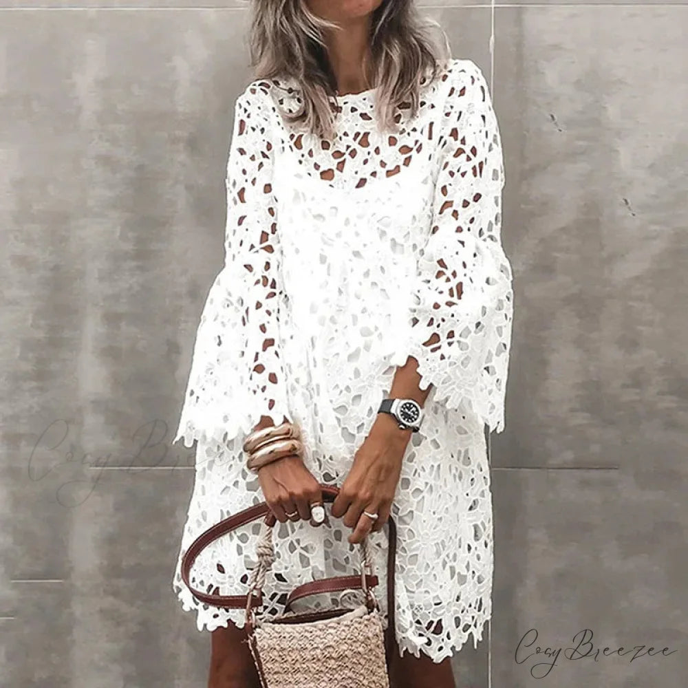 Autumn Solid Color Lace Hollow Floral Casual Dress White / S oldfloraldress-250126
