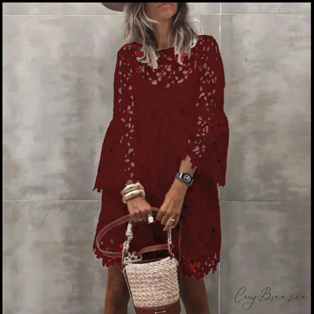 Autumn Solid Color Lace Hollow Floral Casual Dress wine red / S oldfloraldress-250126