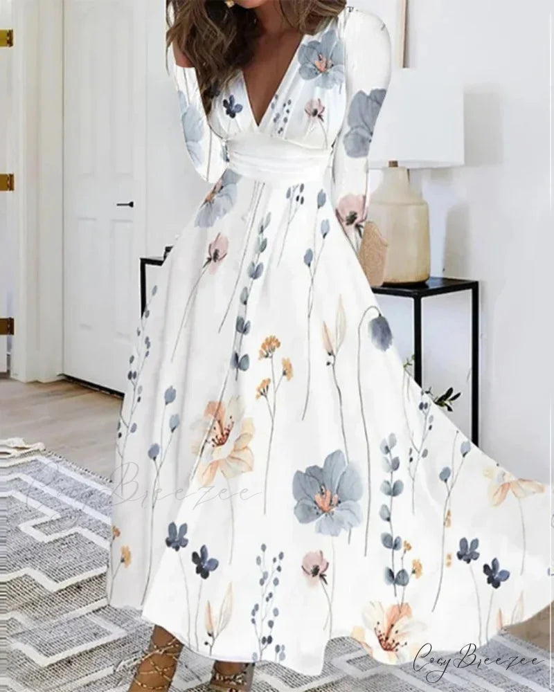 Autumn V-neck Flower Print Maxi Dress GRAY / S oldfloraldress-250126