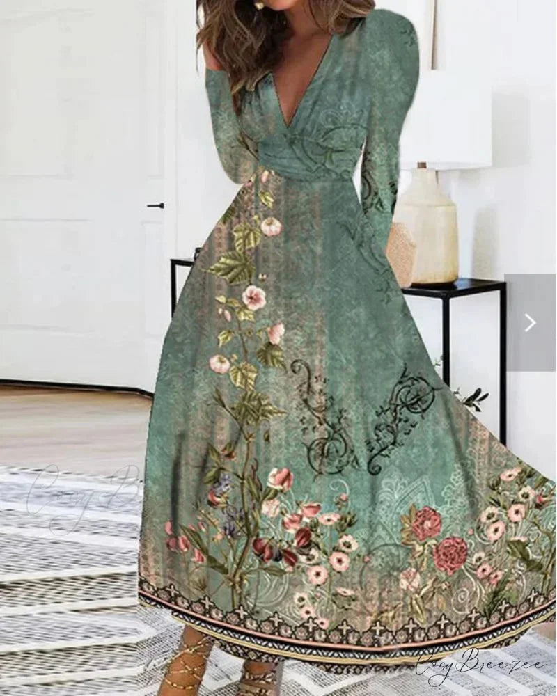 Autumn V-neck Flower Print Maxi Dress Green / S oldfloraldress-250126