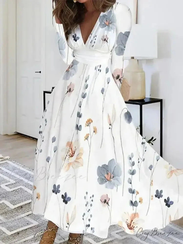 Autumn V-neck Flower Print Maxi Dress oldfloraldress-250126
