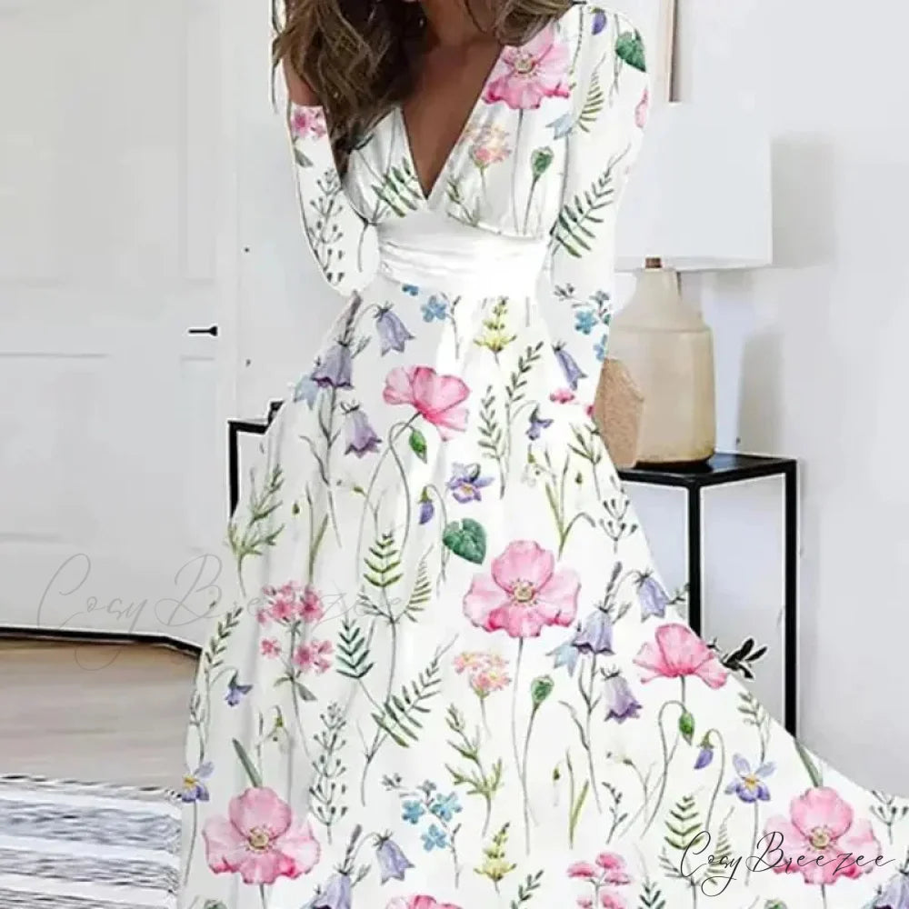Autumn V-neck Flower Print Maxi Dress oldfloraldress-250126