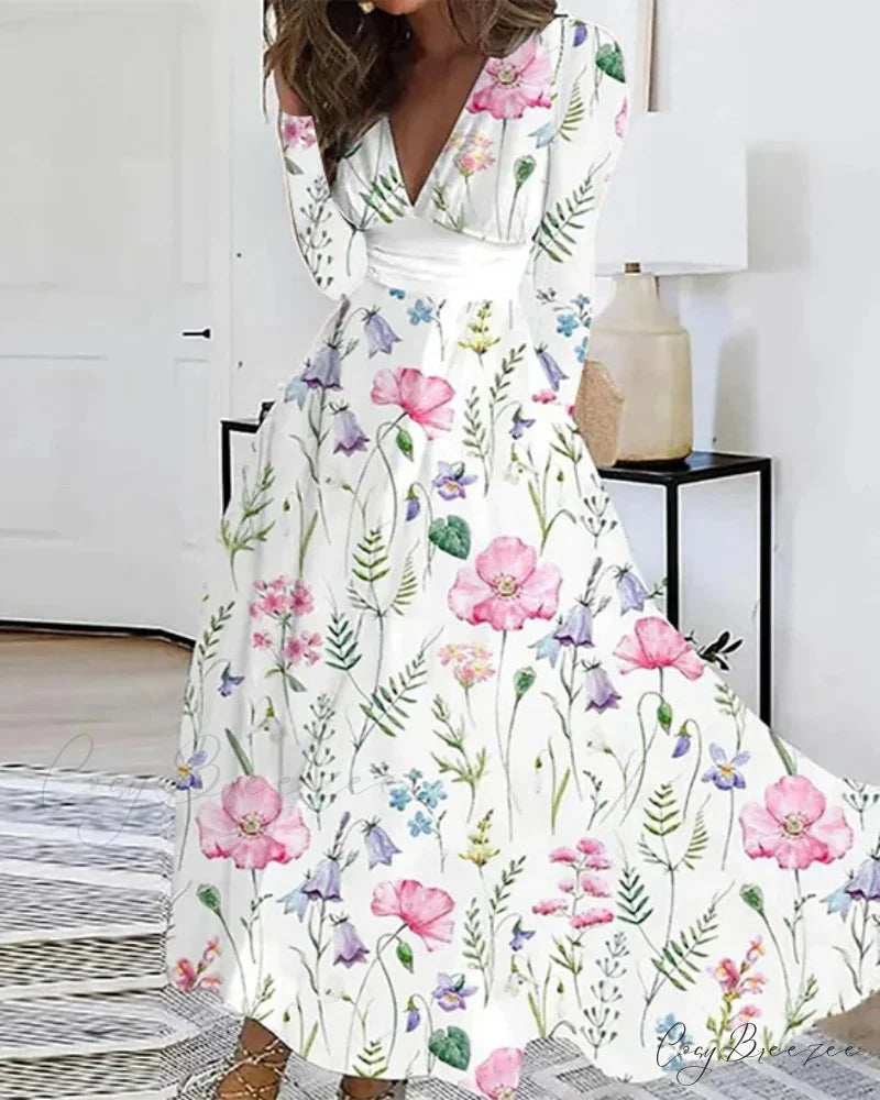 Autumn V-neck Flower Print Maxi Dress Pink / S oldfloraldress-250126