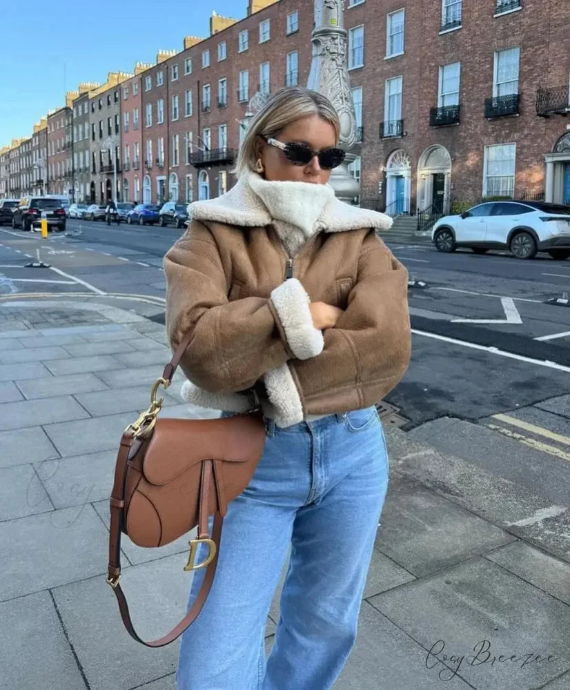 Autumn Vintage Faux Leather Cropped Warm Lapel Fleece Long Sleeve Stylish Coat