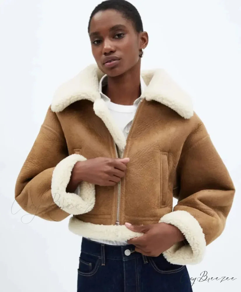 Autumn Vintage Faux Leather Cropped Warm Lapel Fleece Long Sleeve Stylish Coat Camel / S