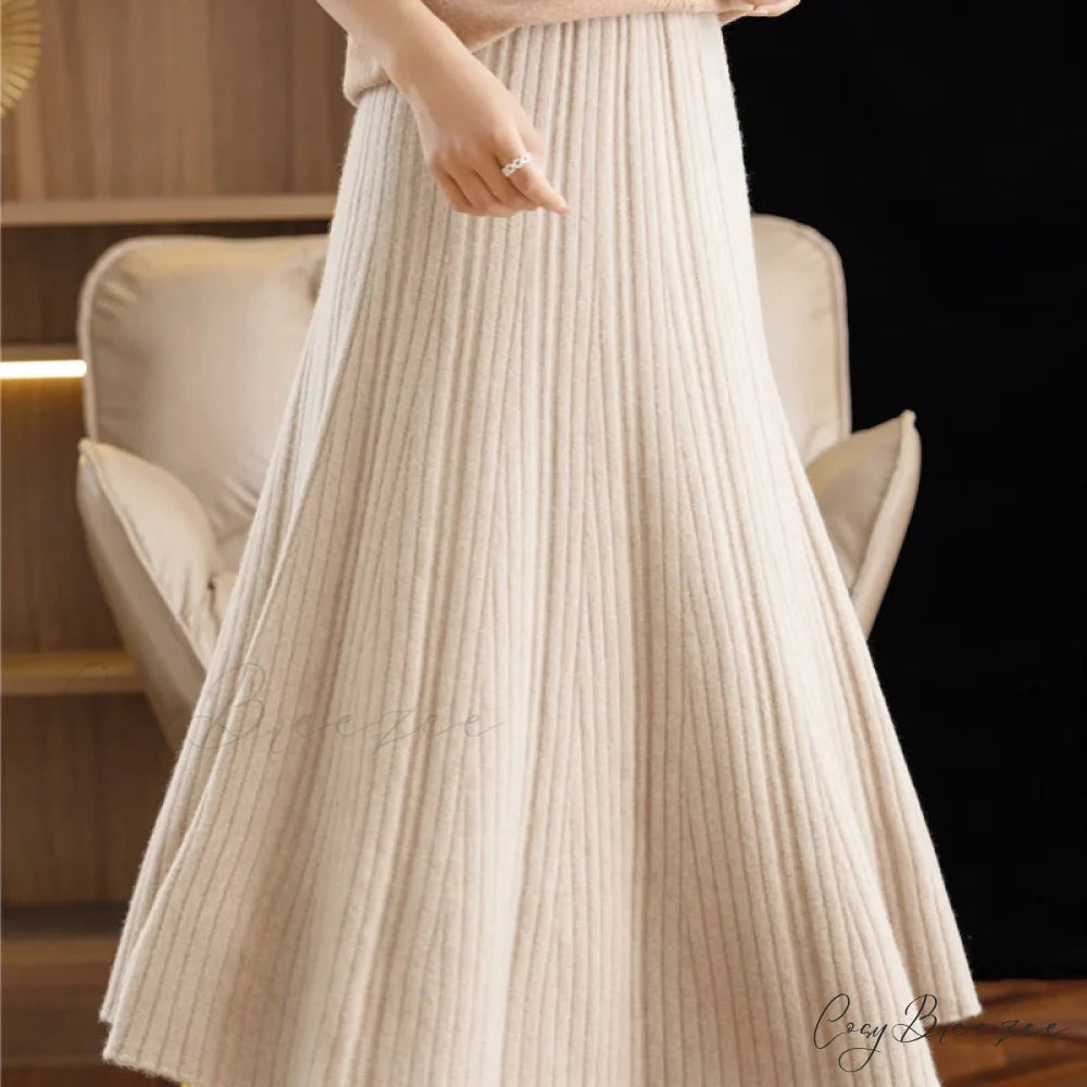 Autumn Winter A-Line Elastic High Waist Knitted Pleated Over Knee Skirt RICE / M