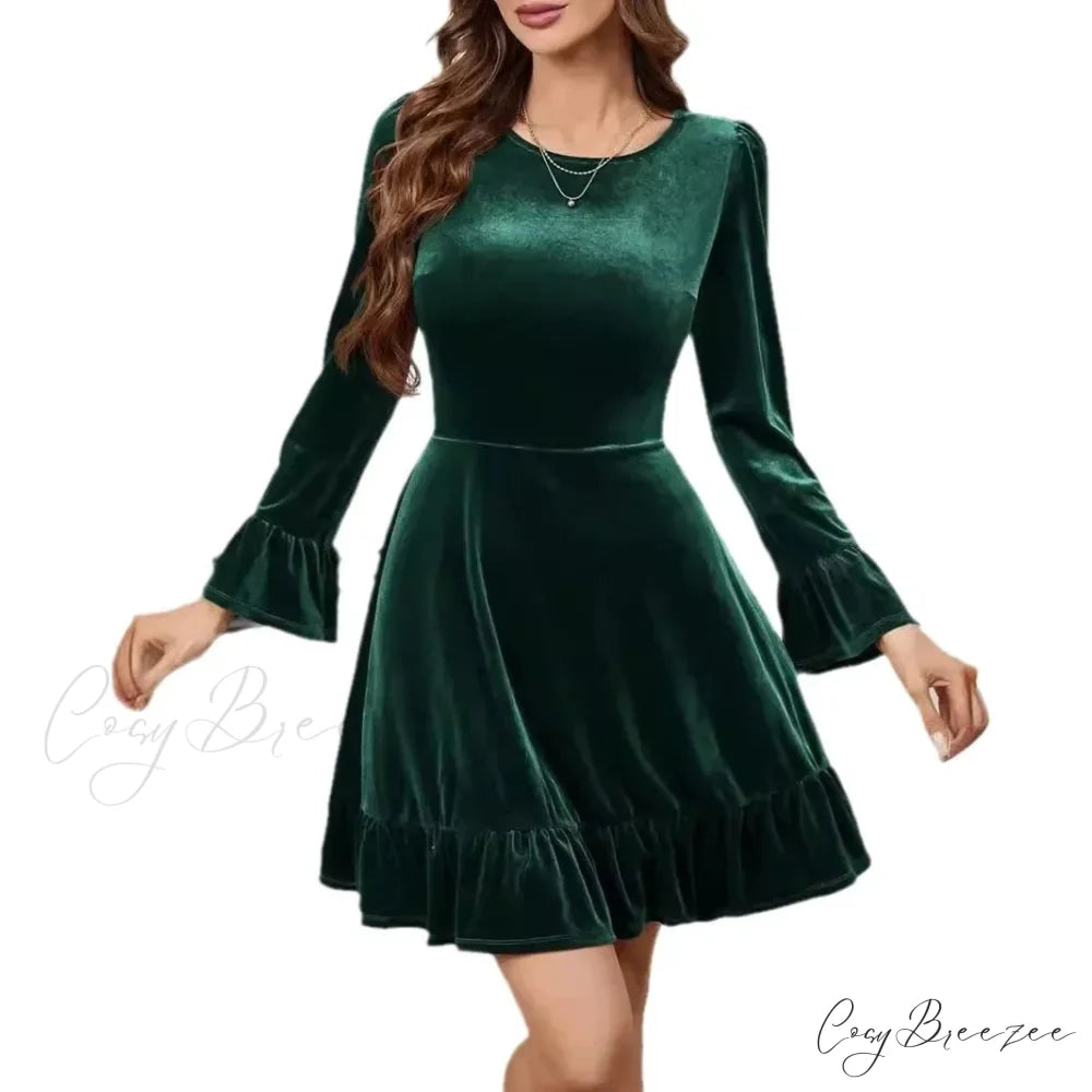 Autumn Winter A-Line Ruffles Elegant Party Golden Velvet Mini Nightdress Christmas Party Dress
