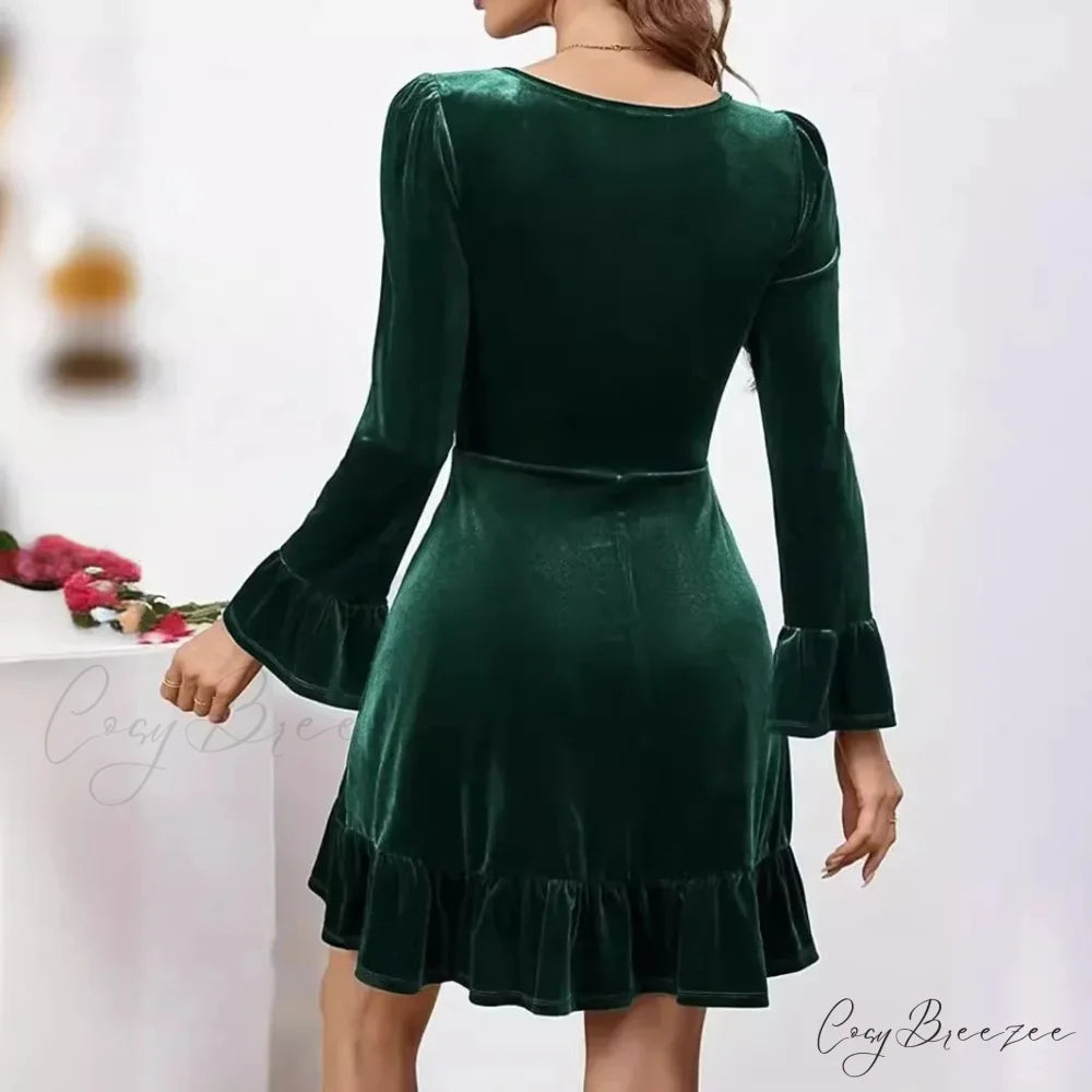 Autumn Winter A-Line Ruffles Elegant Party Golden Velvet Mini Nightdress Christmas Party Dress