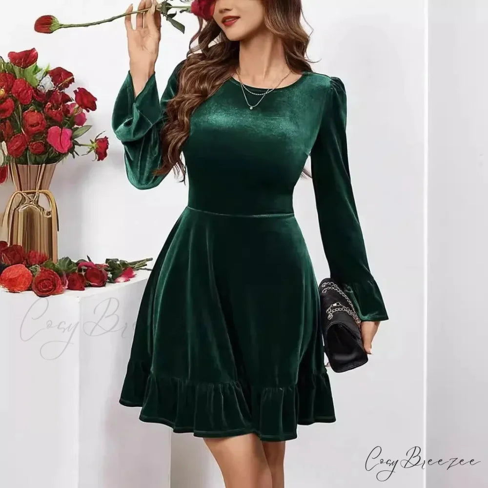 Autumn Winter A-Line Ruffles Elegant Party Golden Velvet Mini Nightdress Christmas Party Dress GREEN / S