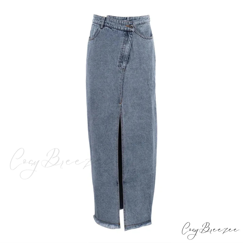 Autumn Winter Fashion High Waist Split Vintage Long Denim Wrapped Skirt Blue / S