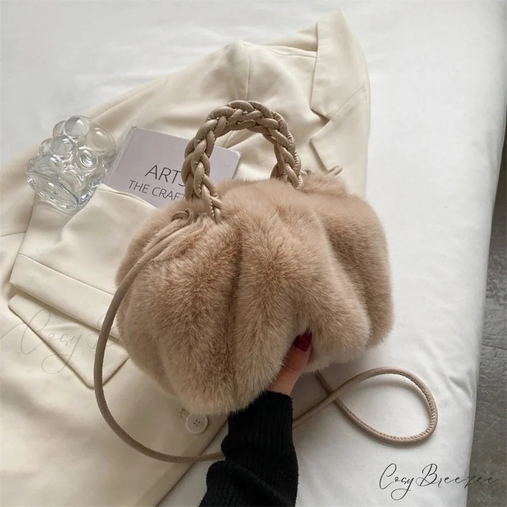 Autumn Winter Faux Fur Pleated Fashion Crossbody Handbag khaki handbag-250126