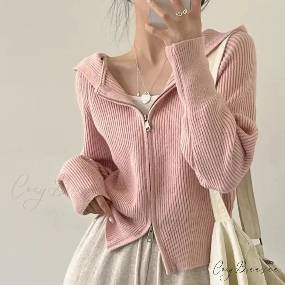 Autumn Winter Long Sleeve Short Loose Solid Knitted Zipper Cardigan