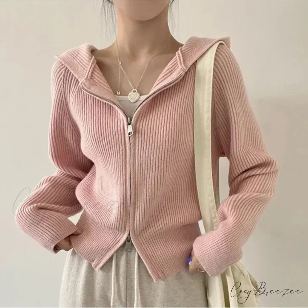 Autumn Winter Long Sleeve Short Loose Solid Knitted Zipper Cardigan PINK / One Size