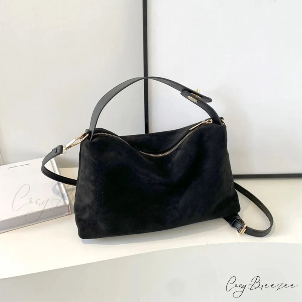 Autumn Winter Matte Suede Cow Leather Bag Black handbag-250126