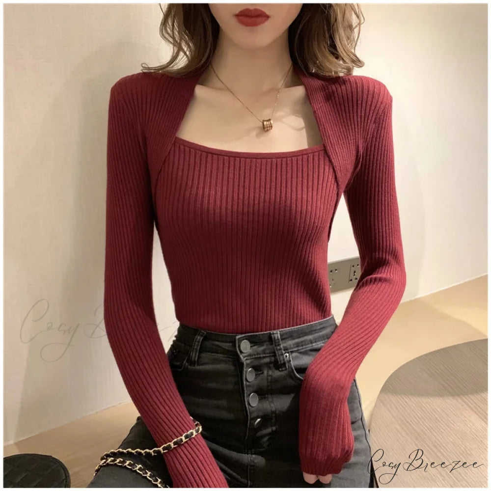 Autumn Winter Square Shawl Neckline Pullover Sexy Knit Top Burgundy / S knittop-250126