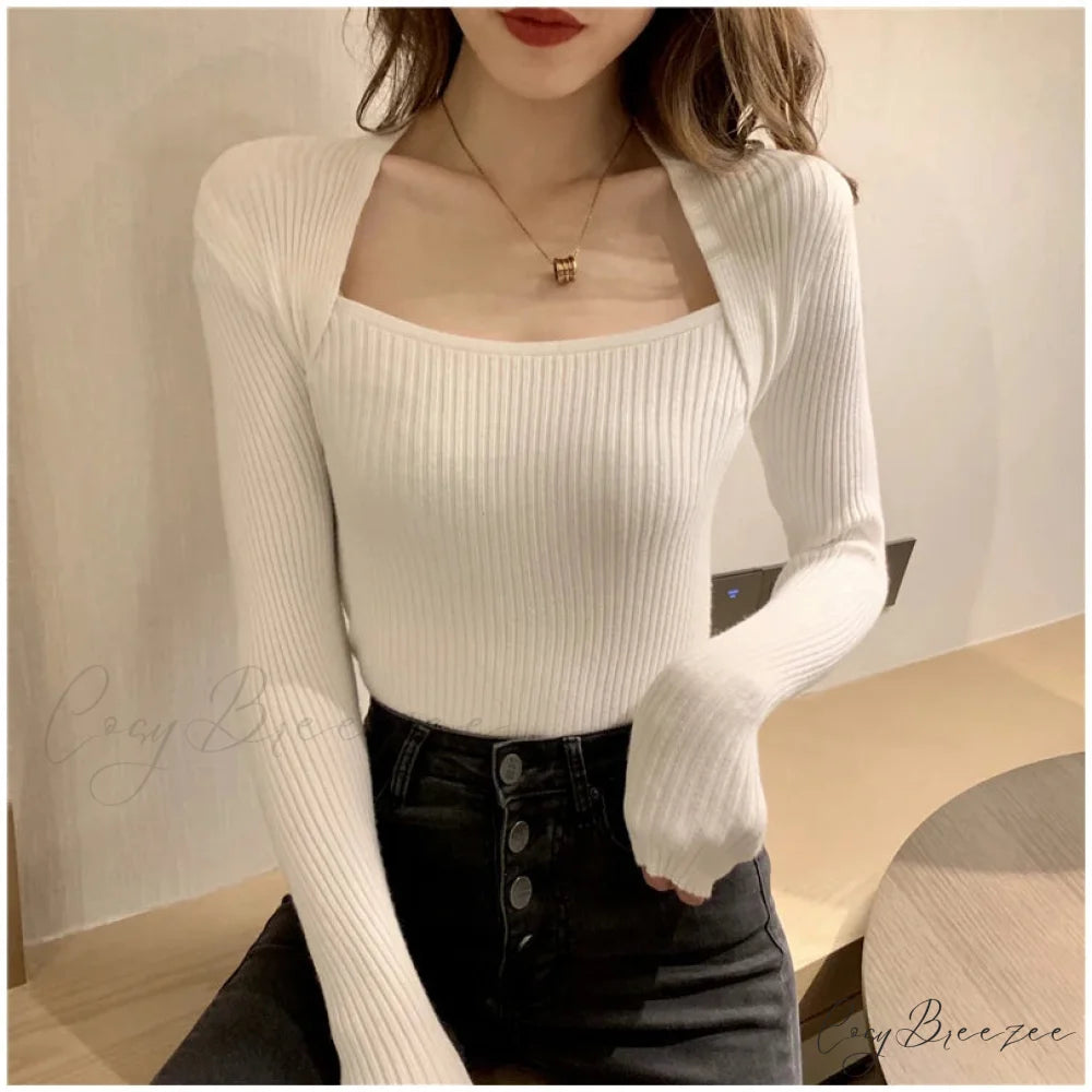 Autumn Winter Square Shawl Neckline Pullover Sexy Knit Top WHITE / S knittop-250126