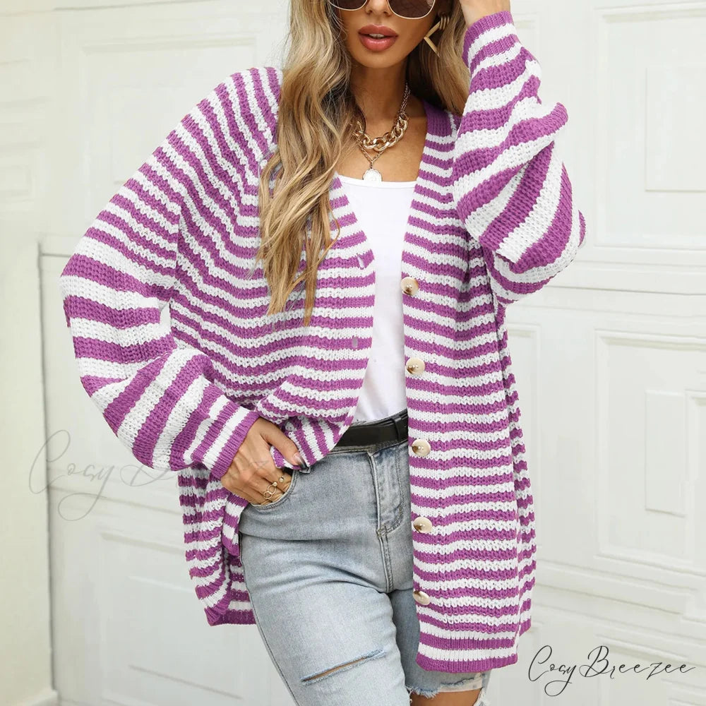 Autumn Winter Warm Casual Knitted Long Sleeve Cardigan Christmas Sweater Purple / S