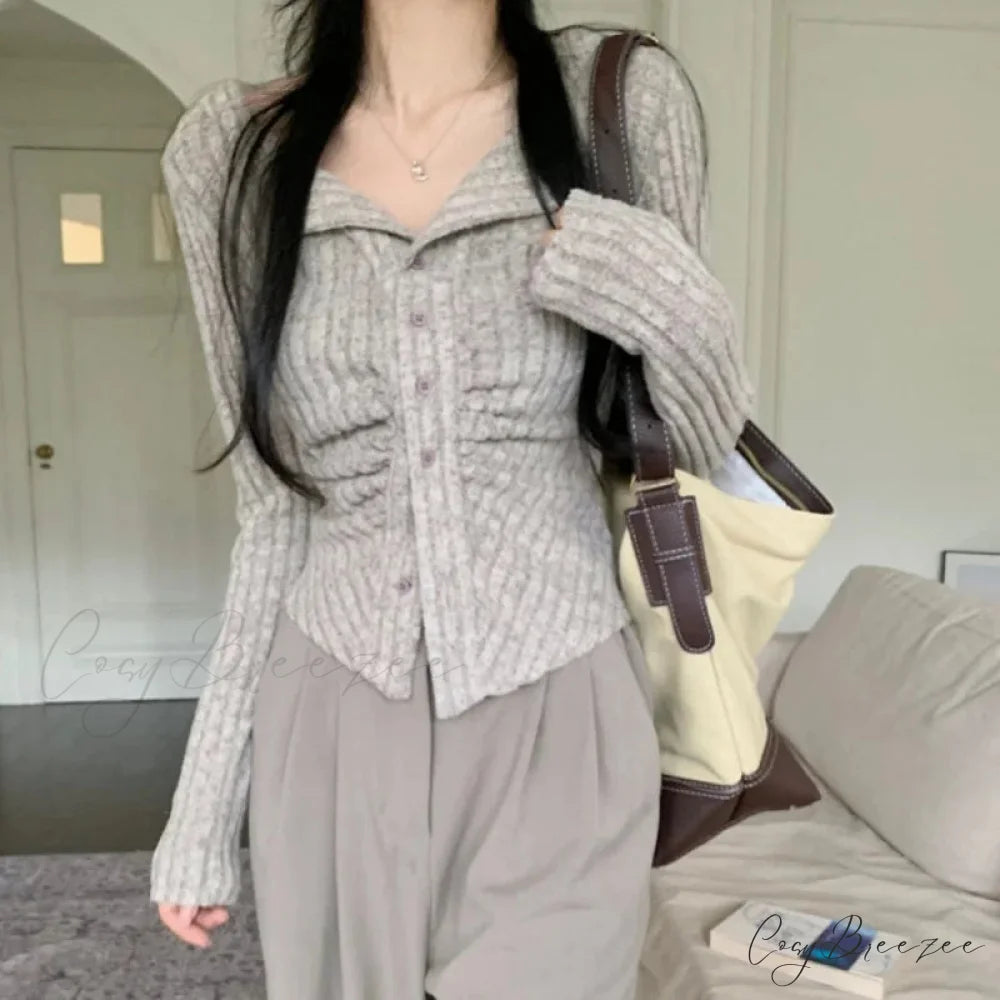Autumn Y2k Knit V Lapel Long Sleeve Vintage Korean Cardigan GRAY / S