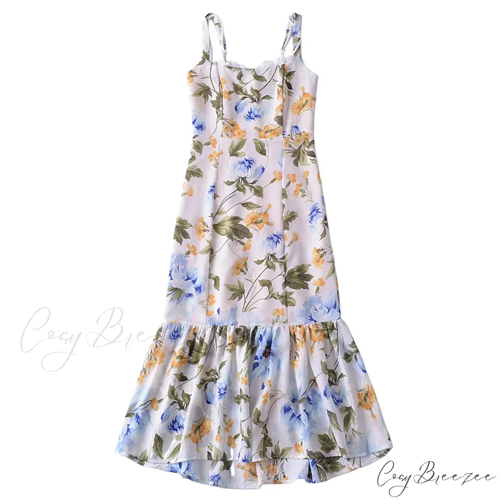 AVALINA Elegant MIDI DRESS Blue flower / S