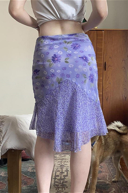 Floral Purple Patchwork Asymmetrical Tulle High Waist Skirt