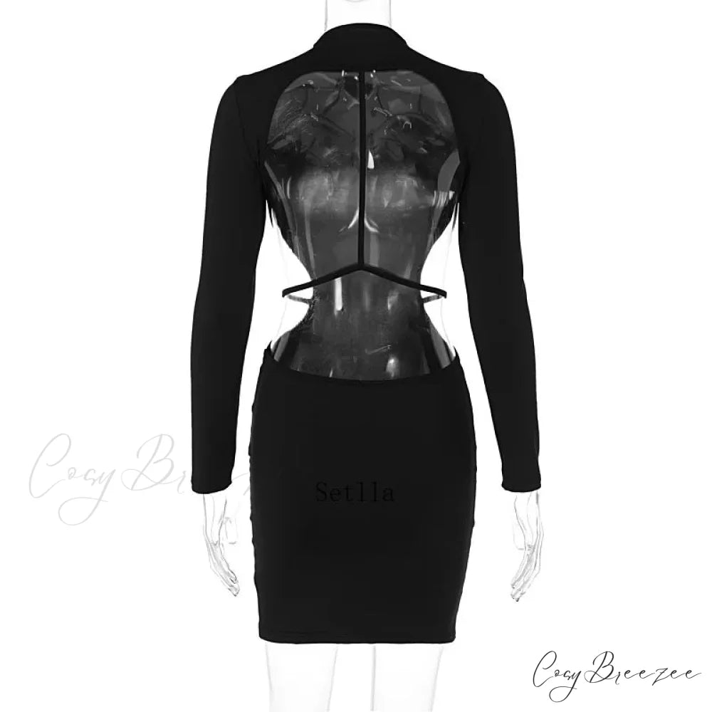 Backless Bandage Long Sleeve Black Mini Dress