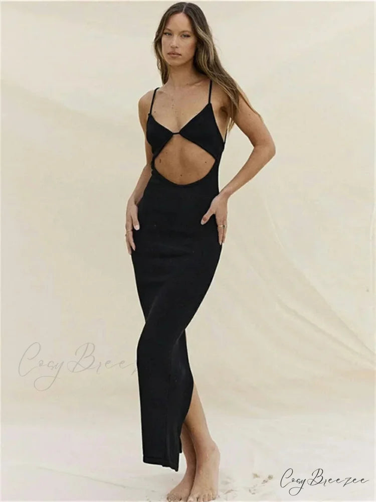 Backless Beach Elegant Party Sleeveless V Neck Cutout Mini Sun Sexy Split Wrap Maxi Dress Black / S