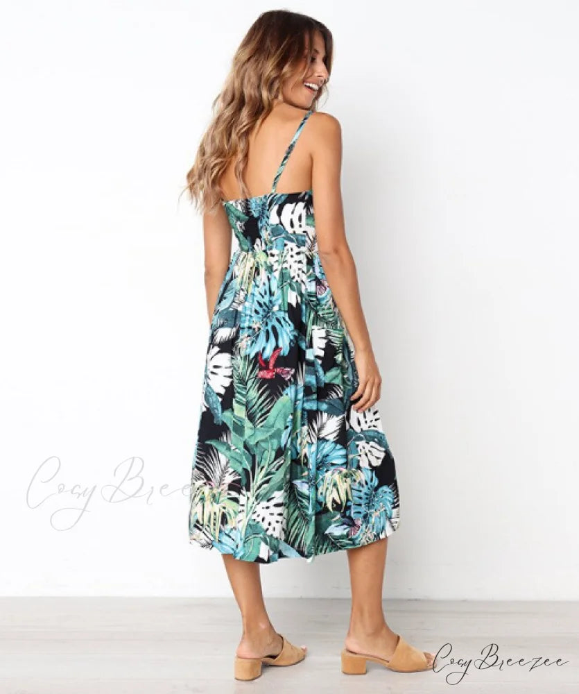Backless Bohemian Polka Button Sexy Green Striped Dot Gown Women’s - Floral S / WHITE
