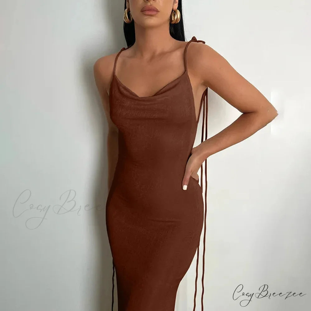 Backless Draped Maxi Dress Brown / S