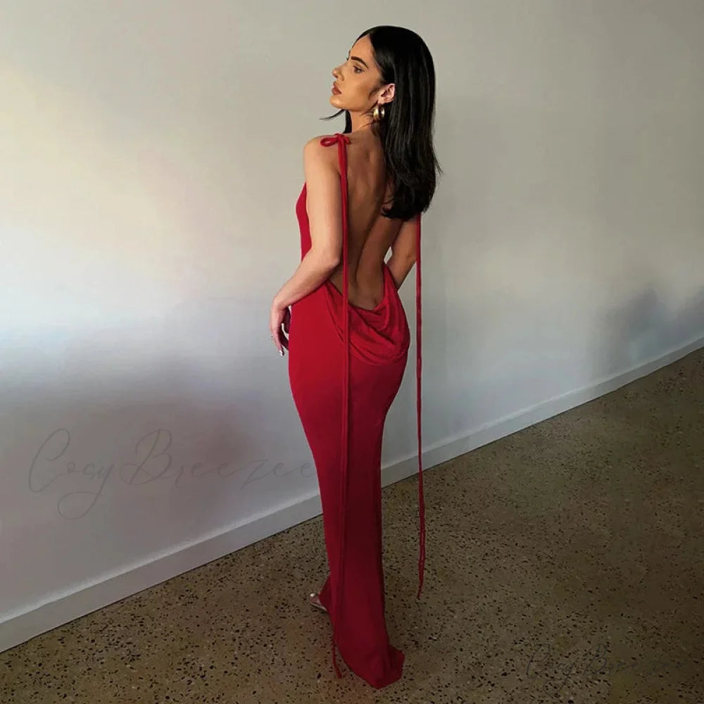 Backless Draped Maxi Dress Red / S