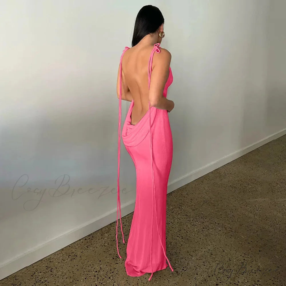 Backless Draped Maxi Dress Rose Red / S