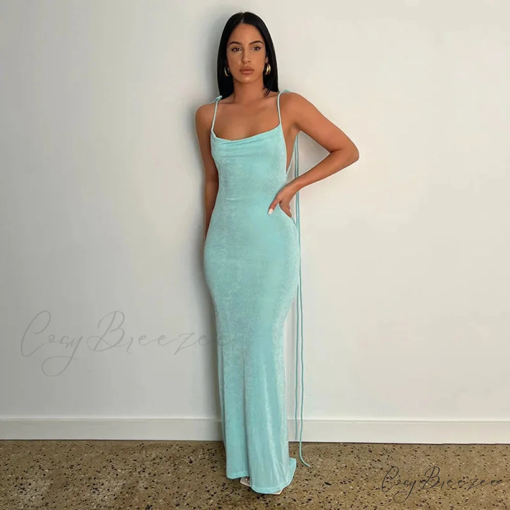 Backless Draped Maxi Dress Sky Blue / S